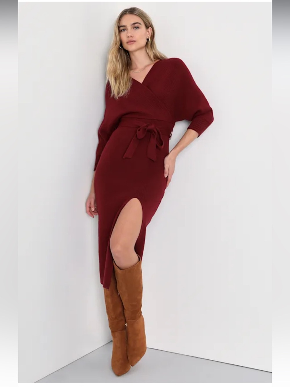 NWT Lulus Fall into Fashion Burgundy Dolman Sleeve Sweater Midi Dress Medium